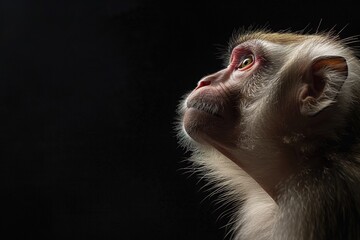 Macaque monkey looking upward in contemplative light. Generated AI. 