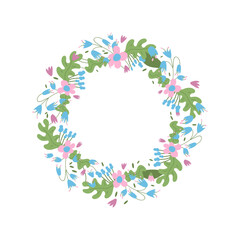 Spring flowers round frame. Floral wreath isolated on white background. Circle border of bouquet. Vector flat illustration
