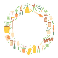 Gardening tools round frame set isolated on white background. Spring horticulture equipment in circle shape. Planting and work in backyard cover. Seeds, shovel and other items. Vector illustration