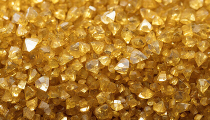 Gold crystals background, A close-up of a pile of shimmering golden crystals, Light reflects off the facets of the crystals, creating a glittering, jewel-toned effect.