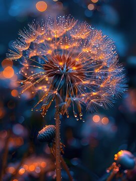 Dandelion with dew drops and a mystical light effect. Generated AI.