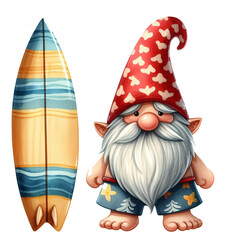 Watercolor cute gnome surfboard spring summer clipart at beach on transparency background
