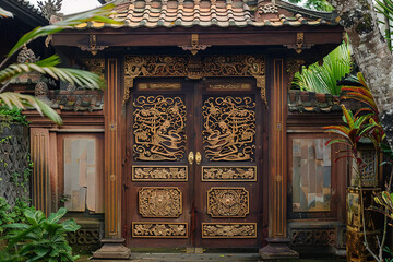 A traditional wooden gate adorned with intricate carvings and ornamental brass fixtures.