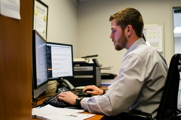A man is sitting at a desk, engaged in using a computer
