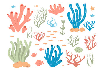 Coral reef and seaweed set isolated on white background. Sea underwater elements. Vector flat illustration