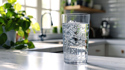 Glass of pure water on the table in the kitchen  - obrazy, fototapety, plakaty