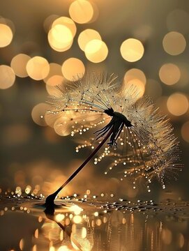 Dandelion seeds with water droplets and a sparkling light effect. Generated AI.