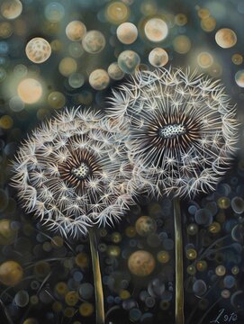 Dandelions with seeds dispersing into sparkling lights. Generated AI.