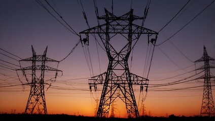 Fototapeta premium Dusk backdrop illuminates the silhouette of a majestic electric transmission tower Generative AI