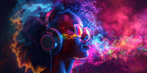 Music Vibes: Neon Beat Flow. A portrait of a woman lost in music, with vibrant neon light trails symbolizing the rhythm flowing around her in a dynamic display of color and energy. 