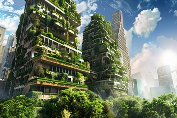 Futuristic greenery-covered buildings amidst a cityscape. Urban planning, architectural design, sustainability initiatives. AI Generated.