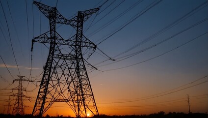 Fototapeta premium Dusk backdrop illuminates the silhouette of a majestic electric transmission tower Generative AI