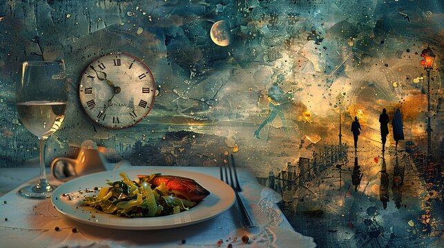 Surreal dinner setting with a clock and abstract cityscape background. Generated AI.