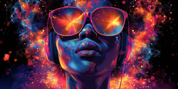 Music Vibes: Neon Beat Flow. A portrait of a woman lost in music, with vibrant neon light trails symbolizing the rhythm flowing around her in a dynamic display of color and energy. 