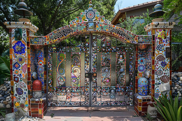 A whimsical gate adorned with colorful mosaic tiles and whimsical sculptures.