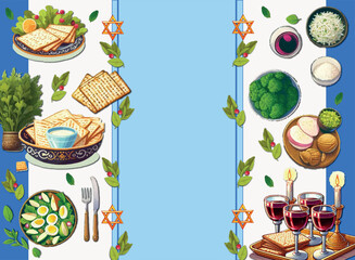Set of Easter icons. Horizontal format for Easter card, invitation. Collection with seder plate, food, matzo, wine.