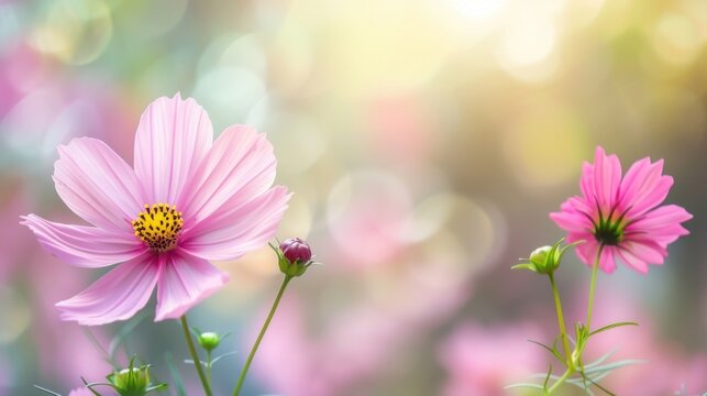 image of pink blooming flowers illuminated by sunlight. AI generated images