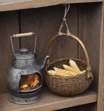 A rustic kettle with a gentle fire and a wicker basket filled with dry corn cobs, set on a wooden shelf. This cozy scene evokes a sense of traditional cooking methods and simplicity. AI generation