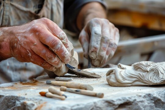 A sculptor is intricately carving a statue out of clay or stone using a sharp knife