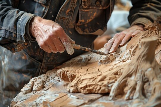 A man focused on carving a piece of wood with a knife