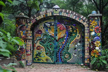 A whimsical gate adorned with colorful ceramic tiles depicting nature-inspired motifs.