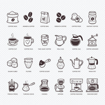 Hand-drawn coffee icons, coffee machines, and essential resources. Different ways to make coffee. Cute doodle style, perfect for decorating coffee shops, cafes, coffee menus... Vector illustration.