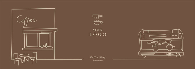 Hand drawn illustration of Coffee Shop and Coffee Machine. Illustration for cover design, food package, menu, background, café wall, coffee shop, web banner. Design for coffee cups. 