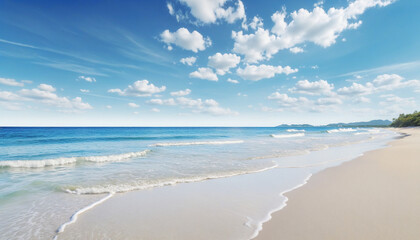 Fototapeta na wymiar Watercolor landscape of blue sky, sea and white sandy beach colorful background