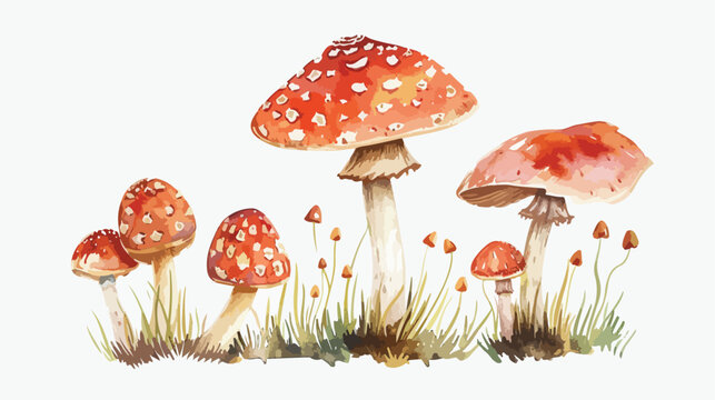 Watercolor illustration of mushroom amanita. botanica