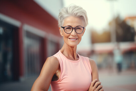 Beautiful healthy athletic woman of mature age. An elderly cheerful lady. Abstract female image, old well-groomed woman with wrinkles wearing glasses