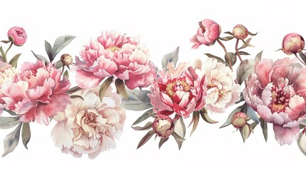 Elegant Peony Floral Border watercolor clipart, featuring blooming peonies in shades of pink and cream, isolated on white, with careful attention to preserving the border integrity