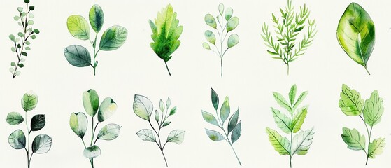 Exquisite Spring Greenery Watercolor Arrangement clipart, combining soft greens and vivid leaf designs, isolated on white to enhance any project with a touch of nature