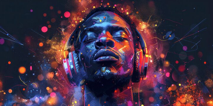 Music Vibes: Neon Beat Flow. A portrait of a man lost in music, with vibrant neon light trails symbolizing the rhythm flowing around him in a dynamic display of color and energy. 