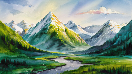 A stunning watercolor painting of a mountain landscape, with vibrant hues of green and blue. The mountain peaks are covered with snow, and a serene river flows at its base. - obrazy, fototapety, plakaty