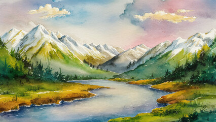Fototapeta premium A stunning watercolor painting of a mountain landscape, with vibrant hues of green and blue. The mountain peaks are covered with snow, and a serene river flows at its base.