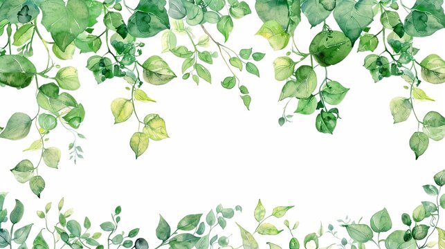 Elegant Watercolor Greenery border clipart, featuring lush foliage and tender vines, seamlessly wrapping the edges, isolated on white for a refined frame