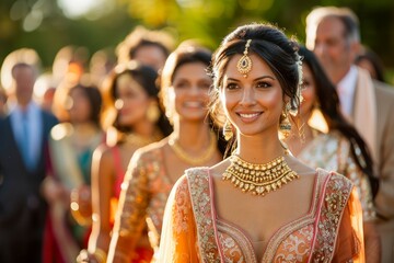 Naklejka premium Elegant Indian Bride in Traditional Attire at Sunny Outdoor Wedding Ceremony Surrounded by Guests