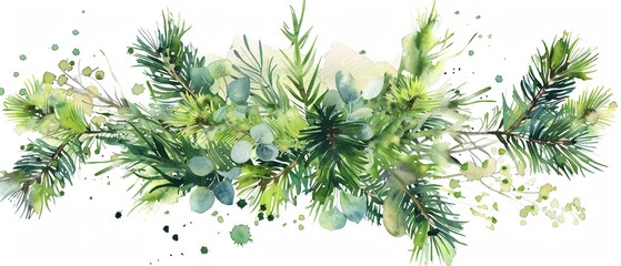 Serene Forest Greenery bouquets watercolor clipart, combining pine boughs and soft moss, isolated on white, with a focus on natural borders for seamless application - obrazy, fototapety, plakaty