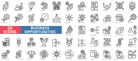 Business opportunities icon collection set. Containing entrepreneurship, innovation, investment, venture, profitability, market research, strategic planning icon. Simple line vector.