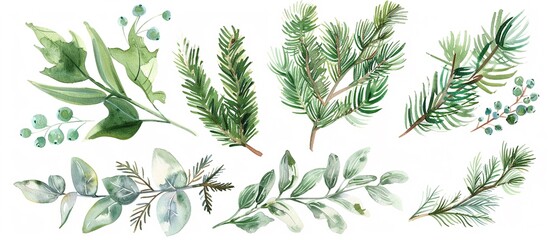 Vibrant Forest Greenery bouquets watercolor clipart, a collection of evergreen sprigs and juniper berries, presented on a white background with ample margin for creative freedom - obrazy, fototapety, plakaty