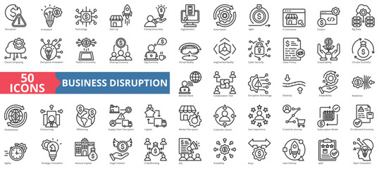 Business disruption icon collection set. Containing innovation, technology, start up, entrepreneurship, digitalization, automation, agile icon. Simple line vector. - obrazy, fototapety, plakaty