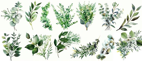 Wild Forest Greenery bouquets watercolor clipart, capturing the untamed essence of the woods with rich, emerald tones, carefully isolated to maintain edge detail for versatile use - obrazy, fototapety, plakaty