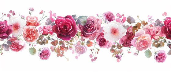 Romantic Roses Floral Border watercolor clipart, lush and velvety roses in full bloom, set against a white background with ample space to prevent edge trimming