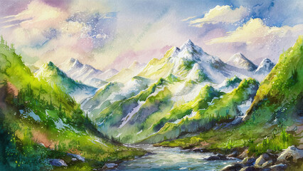 A stunning watercolor painting of a mountain landscape, with vibrant hues of green and blue. The mountain peaks are covered with snow, and a serene river flows at its base.