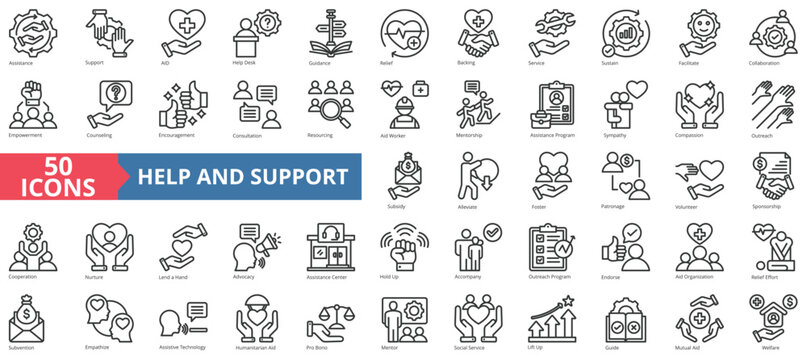 Help and support icon collection set. Containing assistance, service, aid, desk, guidance, relief, backing icon. Simple line vector.