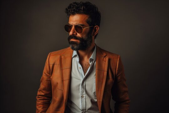 Handsome bearded Indian man in orange jacket and sunglasses on dark background.