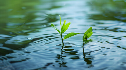 A green plant is seen floating on the surface of a body of water. The plants leaves are partially submerged, gently swaying with the movement of the water