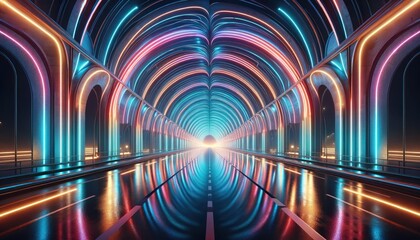 A mesmerizing futuristic tunnel illuminated with neon lights creates a sense of infinite depth, evoking themes of speed, technology, and virtual reality travel. colorful, cyber, architecture, modern