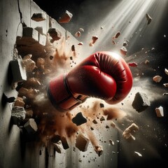 A dynamic image showing a red boxing glove punching through a concrete wall, symbolizing power, breakthrough, strength, and determination. impact, force, aggression, sports, motivation, fight
