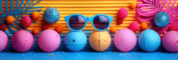 Spring and summer background with bright and cheerful attributes. Concepts of April Fool's Day or April Fool's Day. Blue background. Banner. - obrazy, fototapety, plakaty